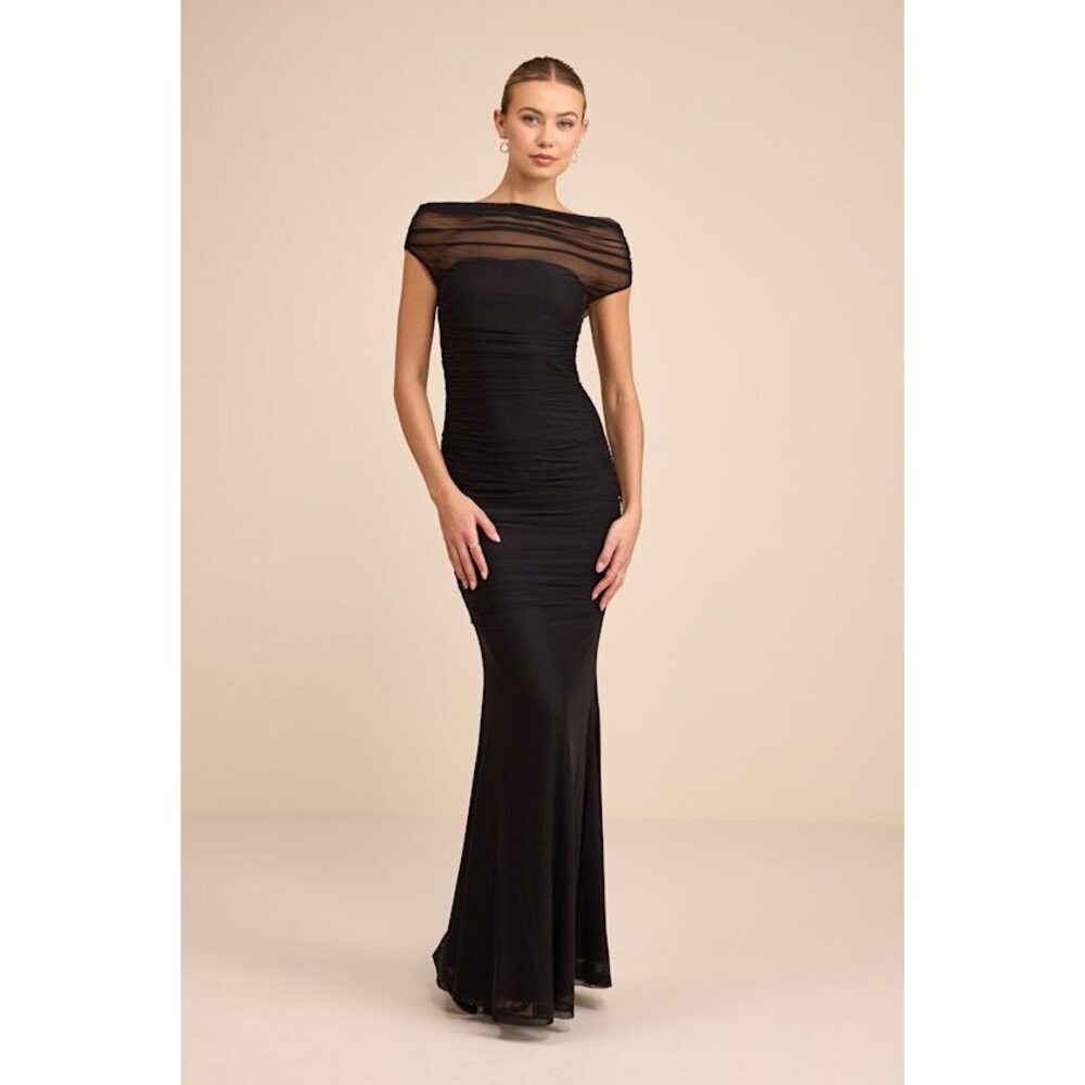 Lulus Sunama Black Mesh Ruched Mermaid Maxi Dress - Size M